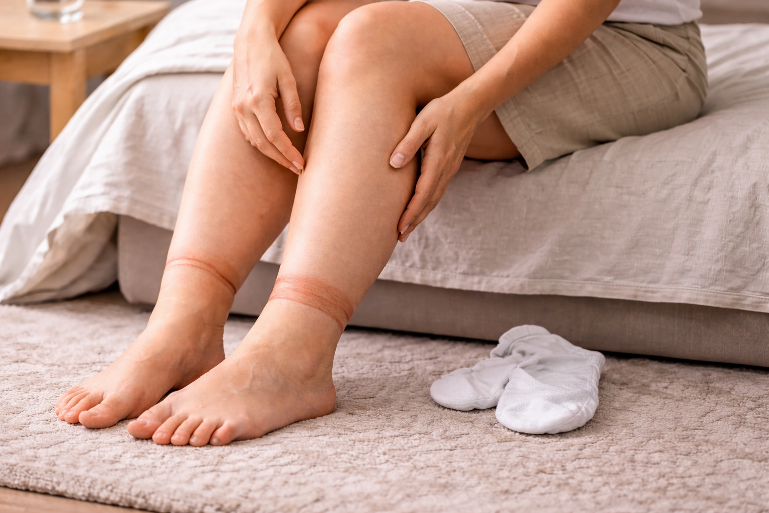 Jambes gonflées-rétention d'eau-marque des chaussettes sur les chevilles