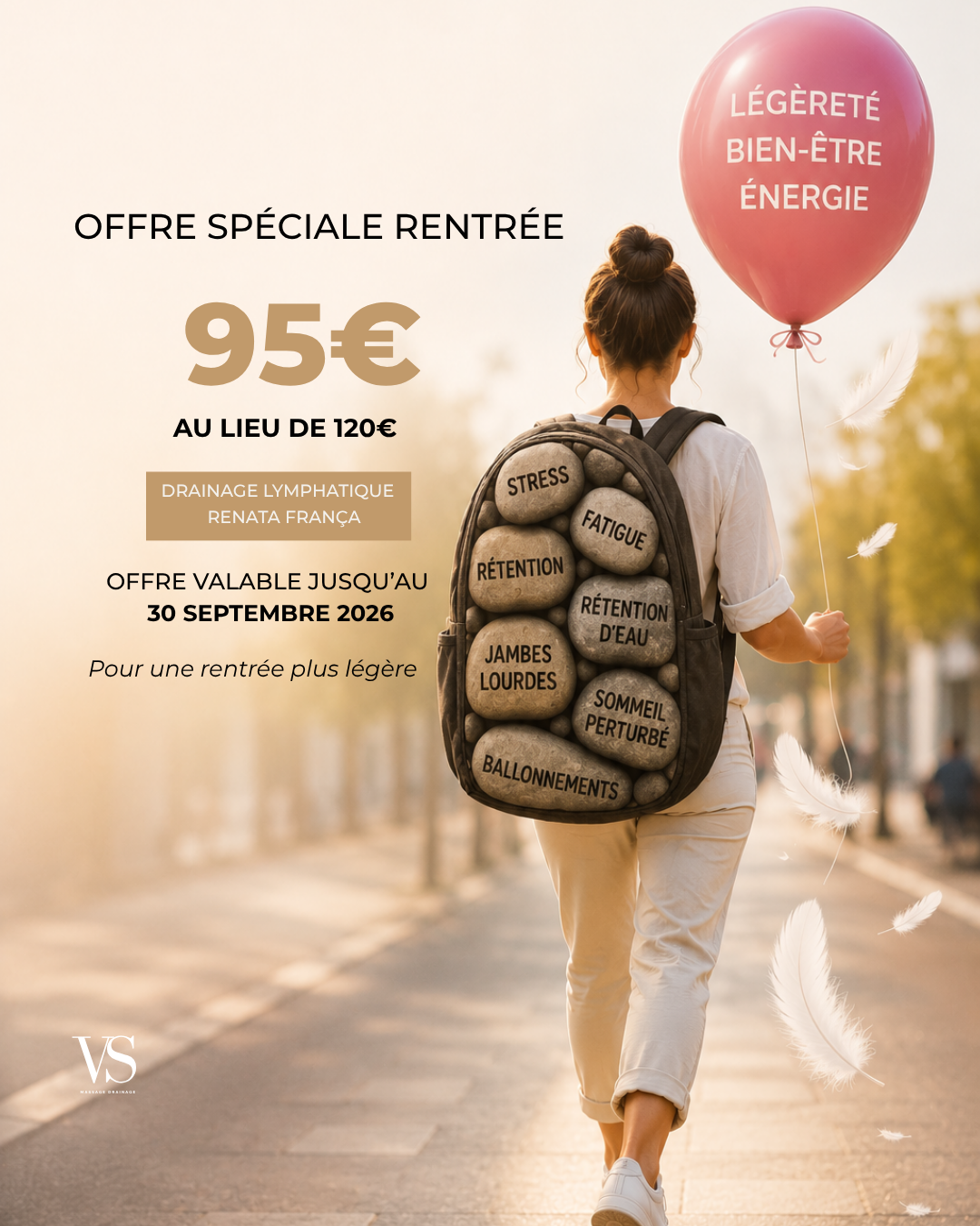 Offre spéciale rentrée septembre 2026-femme qui porte un sac à dos rempli en émotions-stress-fatigue-rétention d'eau-jambes lourdes-sommeil perturbé-ballonnement-ballon à la main-légèreté-bien-être-énergie